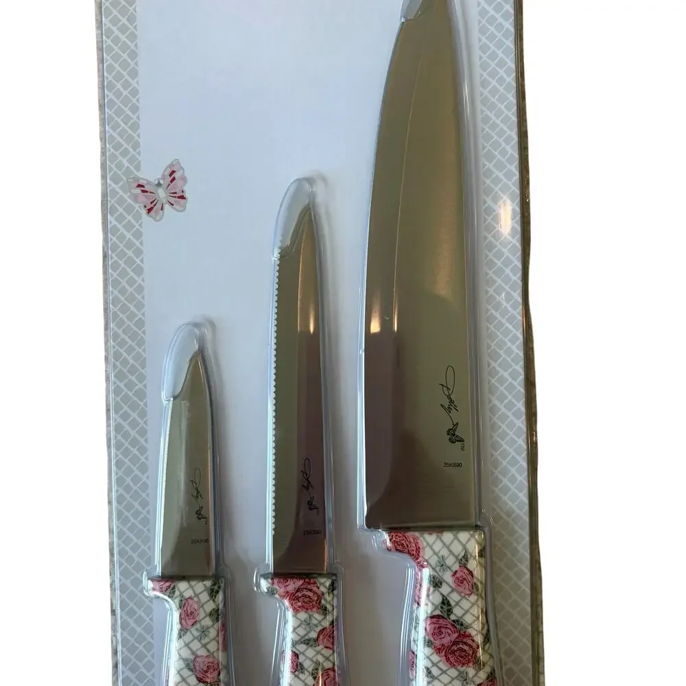 New Dolly Parton 3-Piece Chef Knife Set w/ Floral Rose Handle